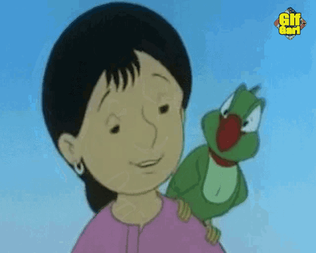 a cartoon of a girl holding a green parrot with the word gif written on the bottom