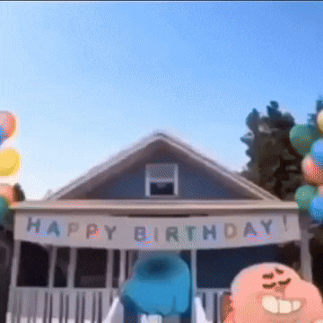 a house with a banner that says happy birthday