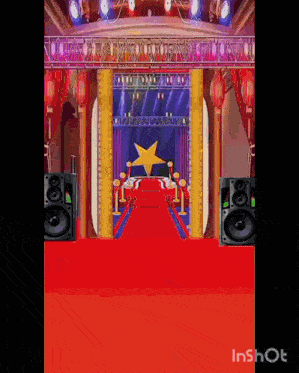 a cartoon illustration of a red carpet leading to a stage with speakers .