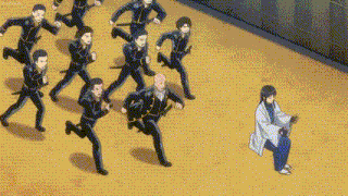 a group of people are running in a line and a man is standing in the middle of the group .