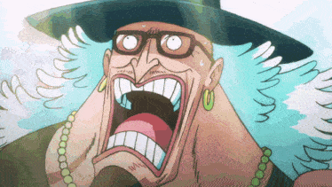 a cartoon of a man wearing a hat and glasses with his mouth open