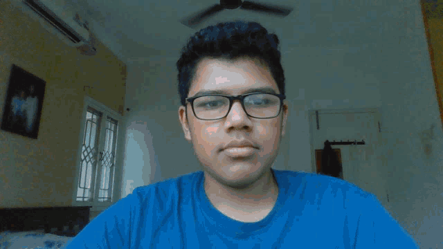 a man wearing glasses is making a funny face