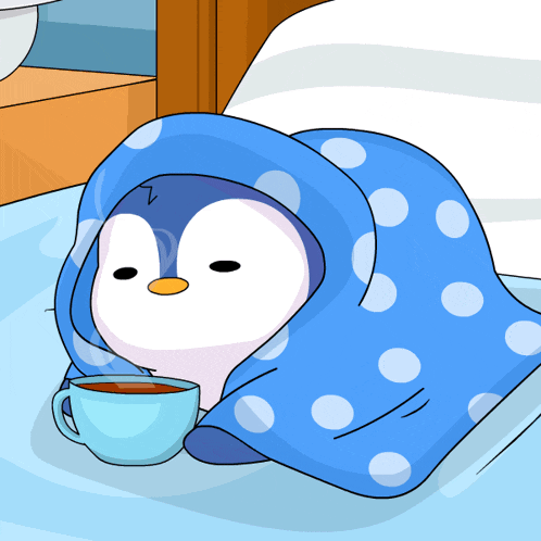 a cartoon of a penguin wrapped in a blue polka dot blanket with a cup of coffee
