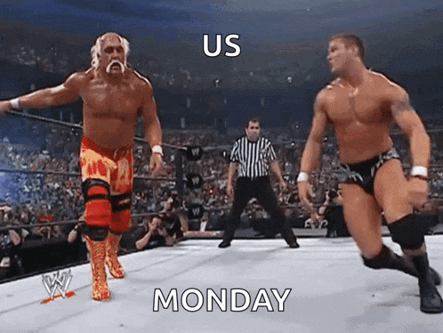 hulk hogan and randy orton are wrestling in a wrestling ring while a referee watches