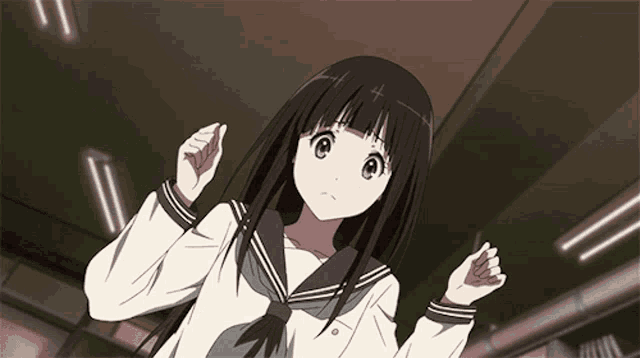 a girl with long black hair and purple eyes is wearing a sailor uniform