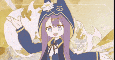 a drawing of a girl with purple hair wearing a cat hat