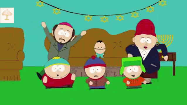 a group of cartoon characters are standing in front of a menorah and a couch