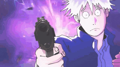 a cartoon drawing of a person pointing a gun at the camera