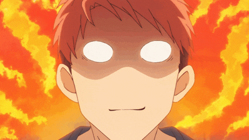 a close up of a person 's face with a fire background