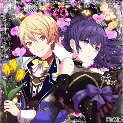 a boy and a girl are standing next to each other and the girl is holding a bouquet of yellow tulips
