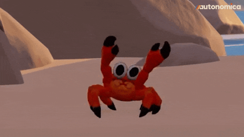 a red crab with big eyes is dancing on a sandy beach with autonomica in the background