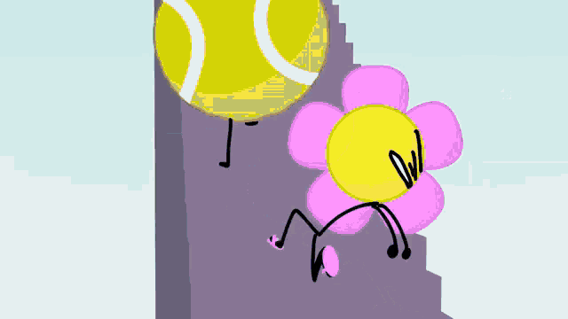 a cartoon of a tennis ball and a flower walking up stairs .