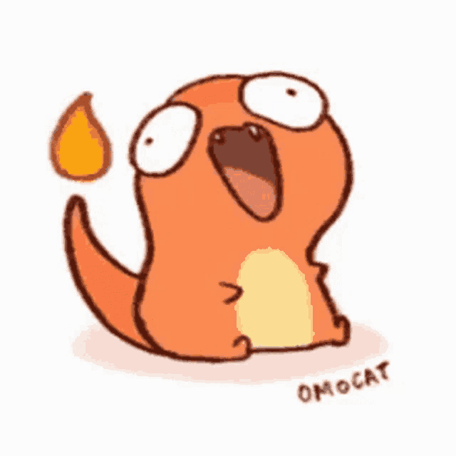 a cartoon drawing of a lizard with its mouth open and a fireball in its hand .