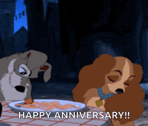 lady and the tramp is celebrating their anniversary with a plate of spaghetti