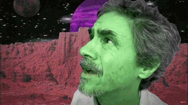 a man with green hair and a beard stands in front of a red planet