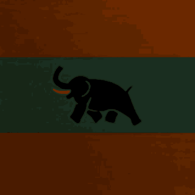 a black elephant with white tusks is on a green and brown background
