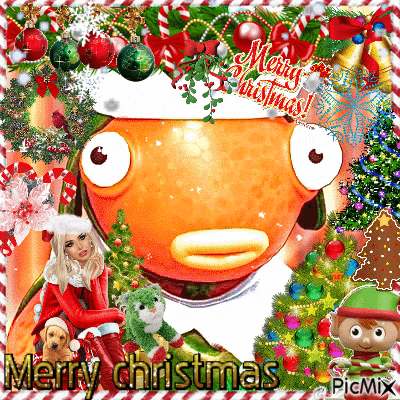 a merry christmas greeting card with a fish