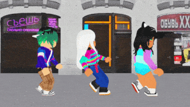 a group of kids are dancing in front of a store that says obuvi xxl