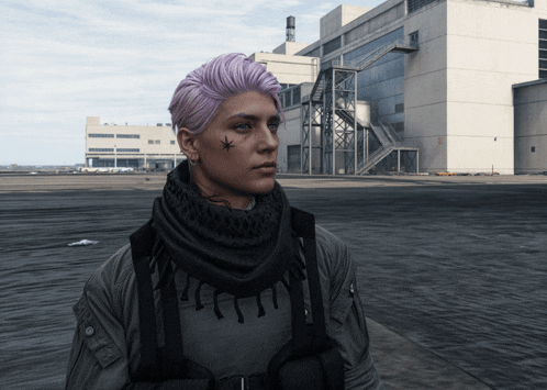 a woman with purple hair and a star tattoo on her face stands in front of a large building
