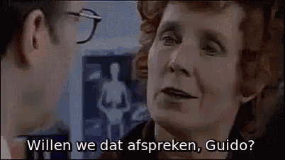 a man and a woman are talking to each other and the woman is saying willen we dat afspreken , guido .