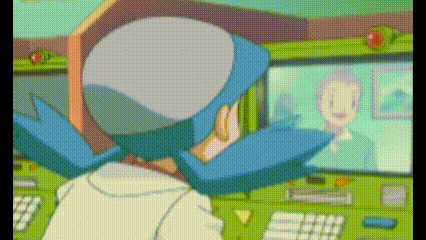 a cartoon character with blue hair is sitting in front of a computer .