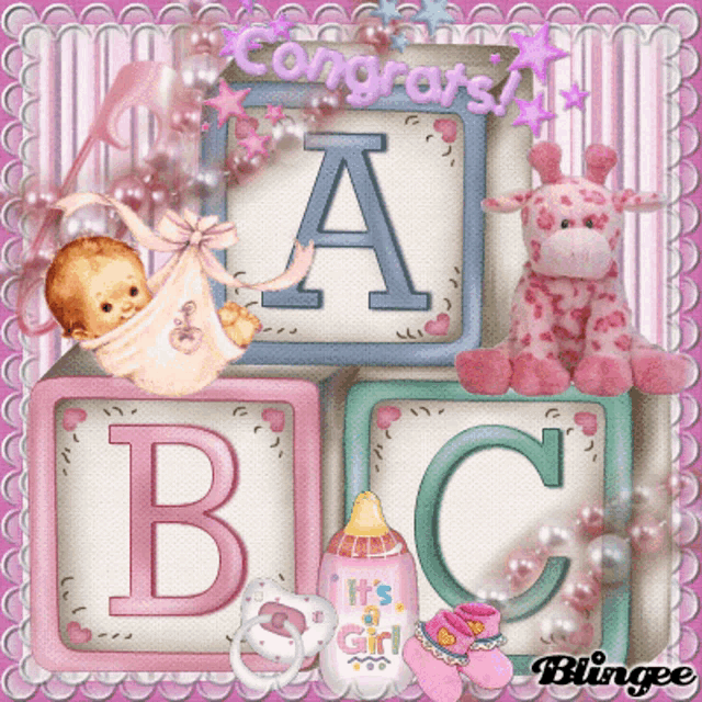a congratulations card for a baby girl with the letters a and b on the blocks