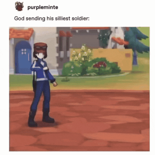 a picture of a cartoon character with the caption god sending his stiffest soldier