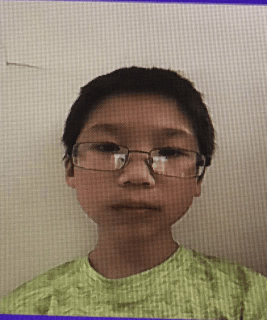 a boy wearing glasses and a green shirt is looking at the camera