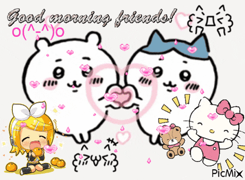 a picture of hello kitty and two bears with the words good morning friends below them