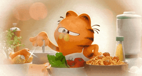 a cartoon cat garfield is preparing food in a bowl