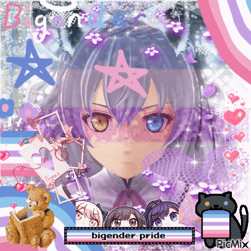 a picture of a girl with a star on her head and the words bigender pride on the bottom