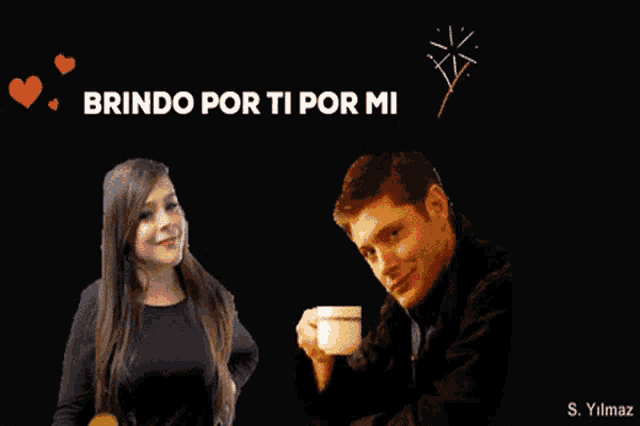 a man holding a cup of coffee next to a woman holding a microphone with feliz 2021 written on the bottom