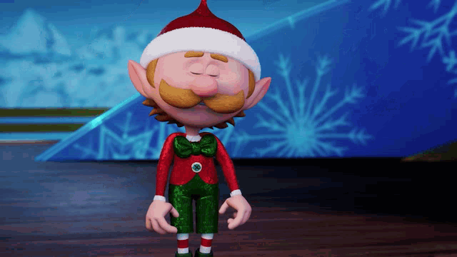 a cartoon elf with his eyes closed and a santa hat