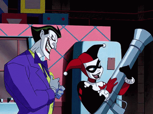a cartoon of the joker and harley quinn laughing