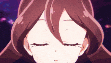 a close up of a girl 's face with a purple background