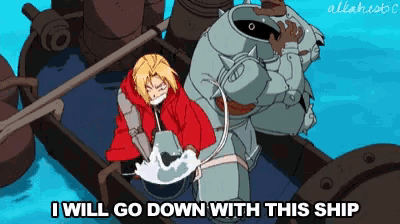 edward and alphonse from fullmetal alchemist are standing on a boat in the water .