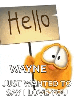 garfield holding a sign that says `` hello wayne just wanted to say i love you '' .
