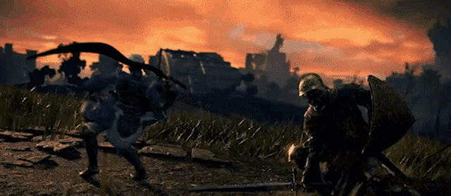 a knight with a sword and shield fighting another knight