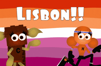 two cartoon characters standing next to each other with the word lisbon written on the bottom