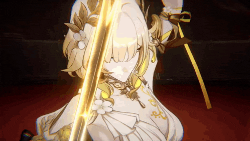 a girl in a white dress is holding a sword