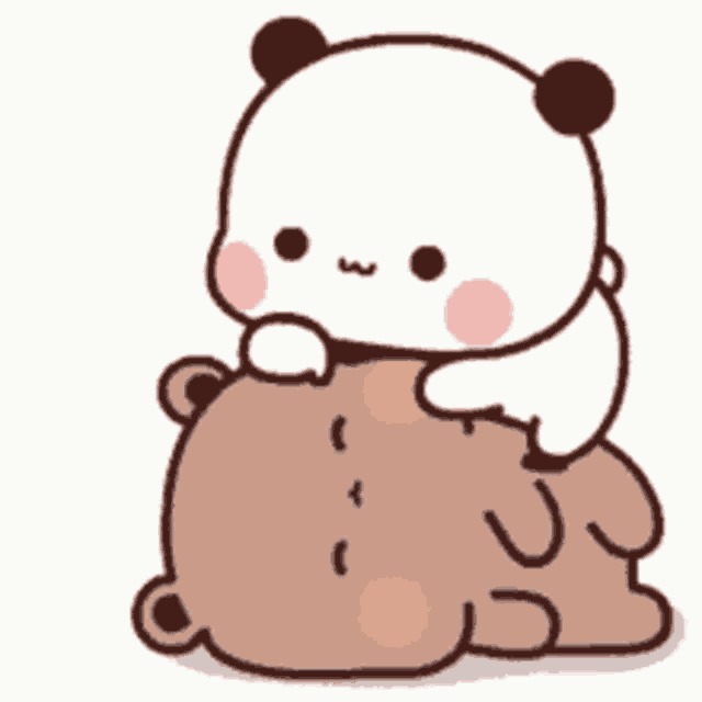 a panda bear is laying on top of a brown bear with hearts coming out of its mouth .