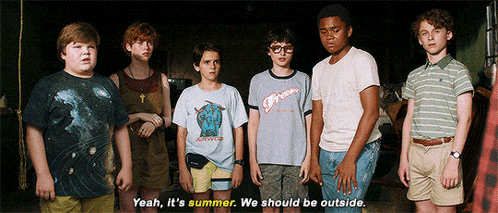 a group of boys standing next to each other with one saying " yeah it 's summer we should be outside .. "