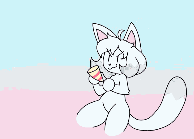 a drawing of a cat holding a cup with the letters ny on it