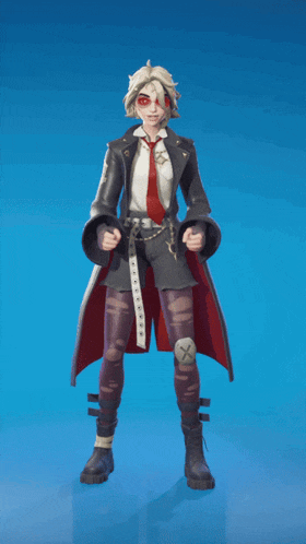 a cartoon character with a red eye and a red tie is standing on a blue background