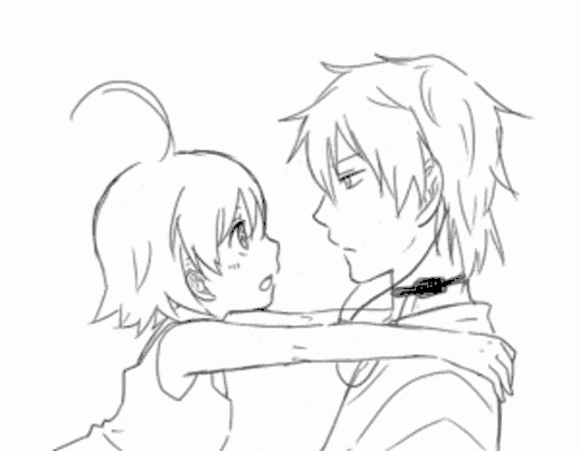 a black and white drawing of a boy and girl