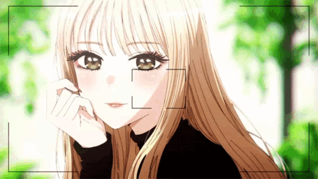 a drawing of a girl with long blonde hair and a black shirt