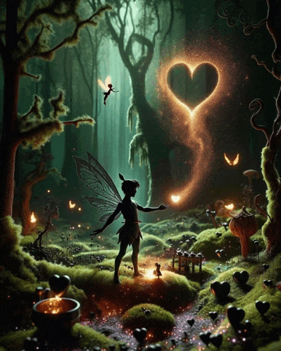 a fairy in a forest with a heart shaped light