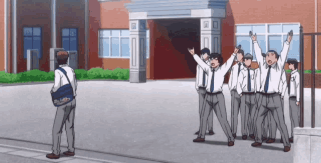 a group of people standing outside of a building with their hands in the air
