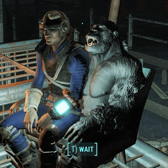 a video game character is sitting next to a gorilla and the gorilla is saying " wait "