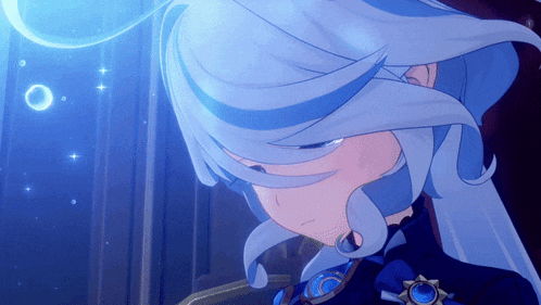 a close up of a cartoon character with blue hair and a blue circle in the background
